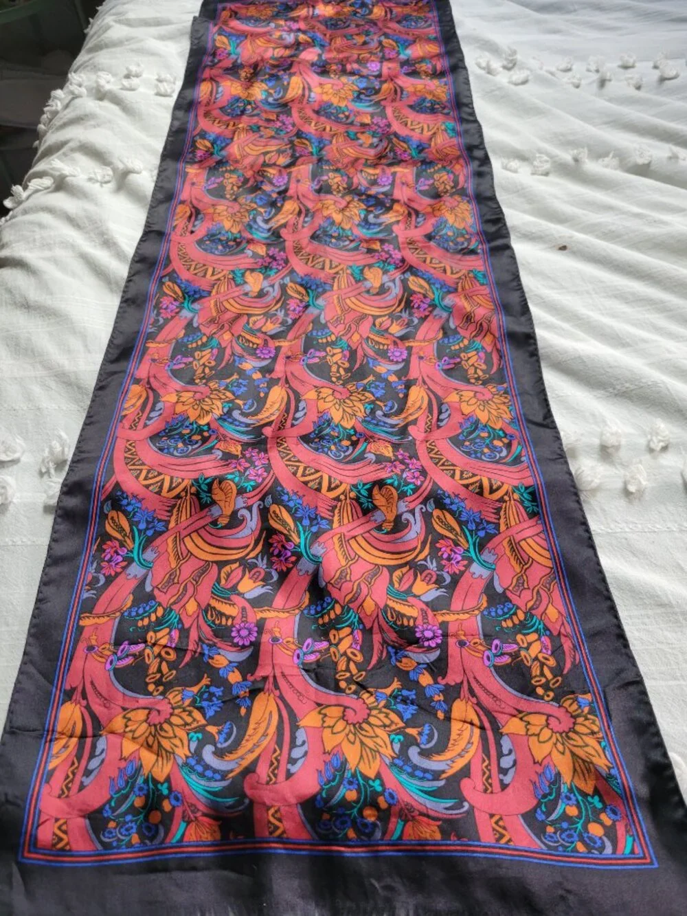 Vintage 100% Silk Oblong Scarf Black Floral Scroll Vibrant Colorful 14
